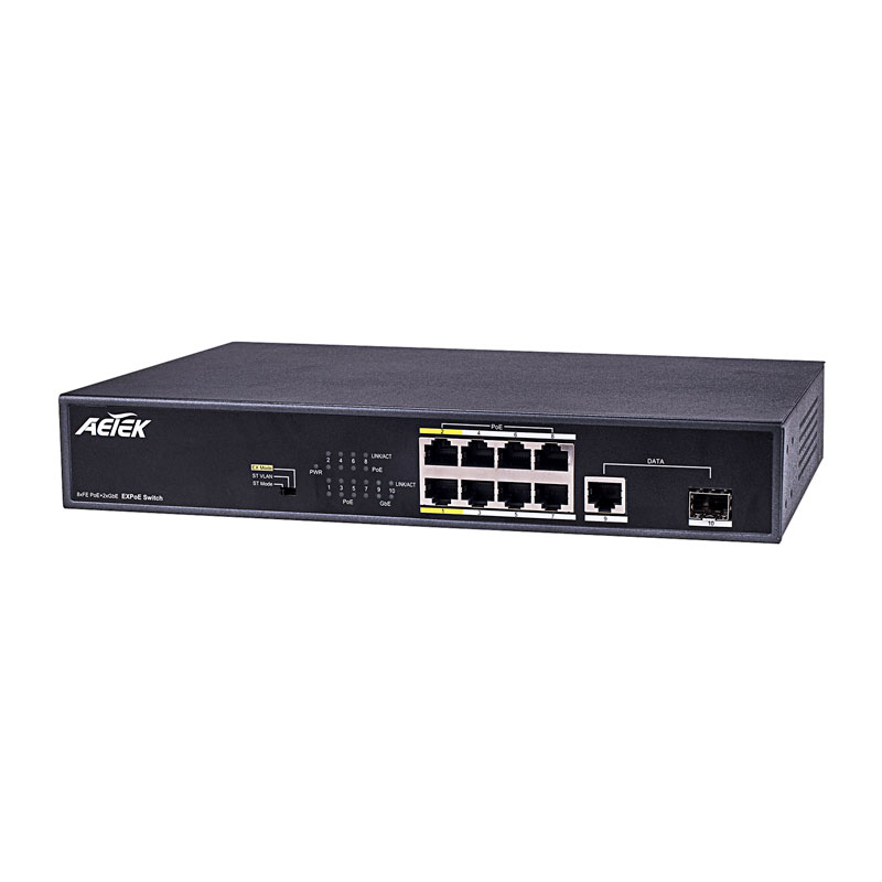 Aetek 8 Port Unmanaged PoE Switch, 1Gb SFP/RJ45, EX Mode, 120W