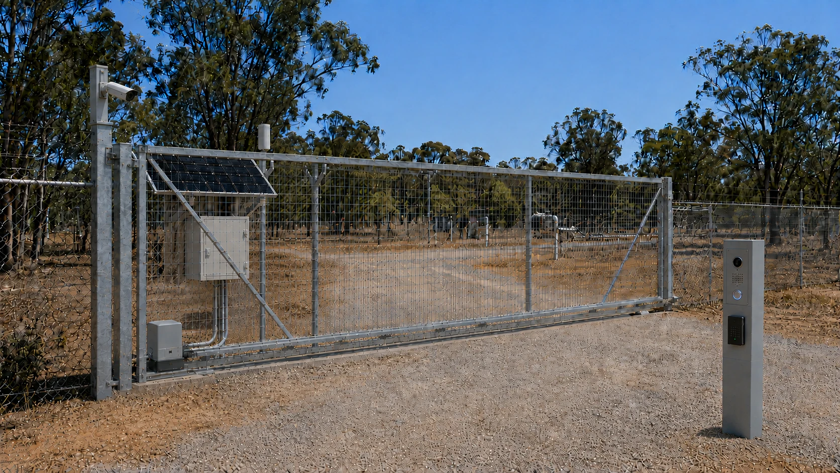 Off-grid power platform supporting a remote gate, IP intercom, access control and CCTV