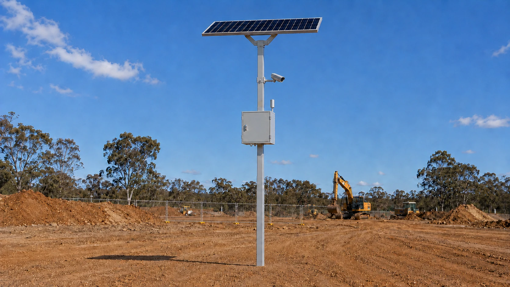 Pole-mounted Sectronics off-grid CCTV and site monitoring platform at an Australian civil construction site