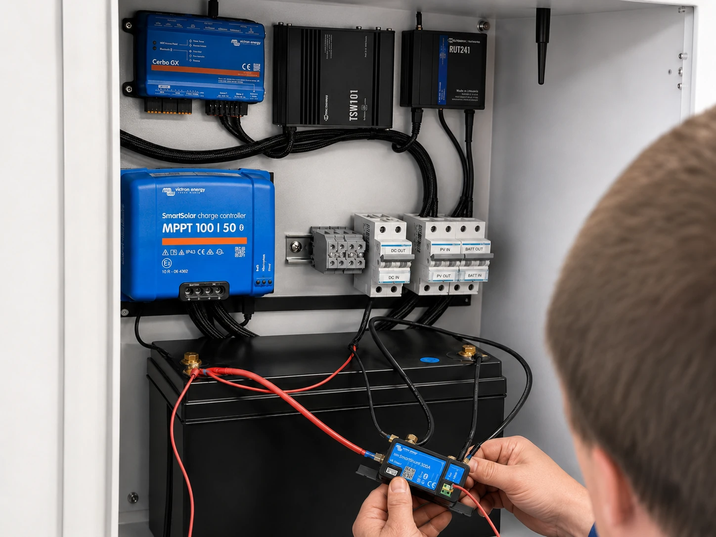 Sectronics Enterprise Power Platform prototype with Victron Cerbo GX, SmartSolar MPPT, communications and SmartShunt under integration testing