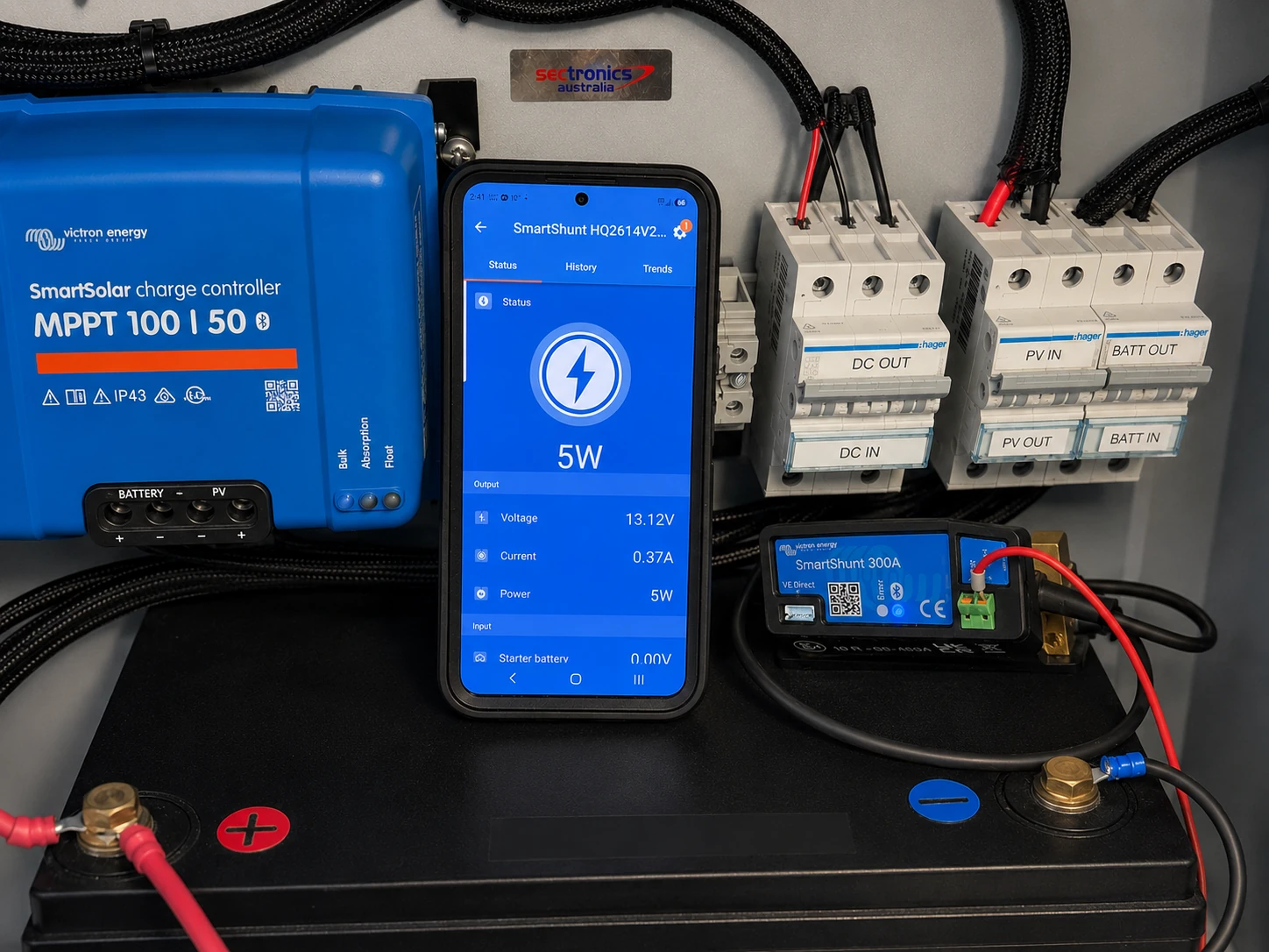 Live Victron SmartShunt Bluetooth test showing battery voltage, current and DC power during Sectronics prototype testing