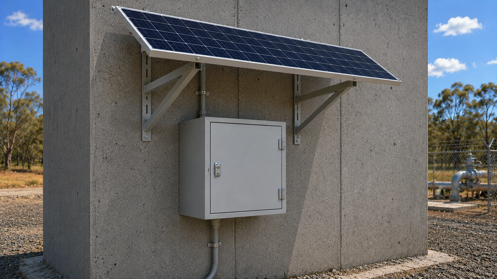 Sectronics off-grid power enclosure and solar assembly mounted to an existing structure