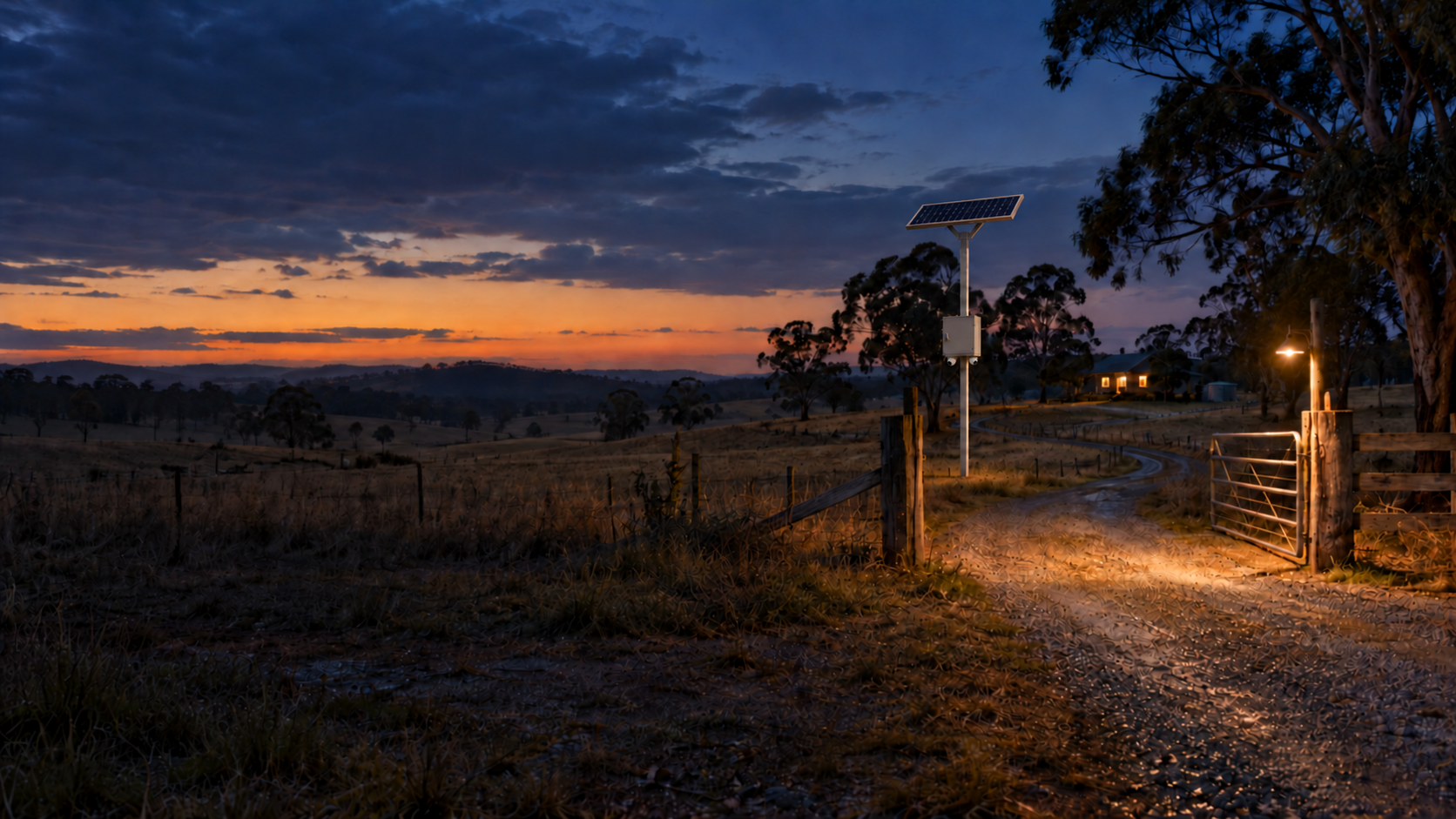 Illustrative Sectronics configuration beside a farm gate at dusk, with compact turret cameras under the enclosure, a solar panel and an antenna